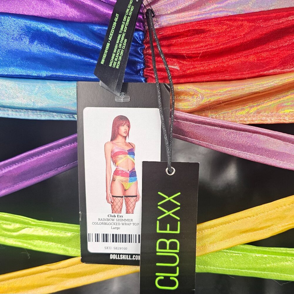 Dolls Kill Club Exx Large Rainbow Shimmery Metallic Colorblock Wrap Top - Picture 2 of 6